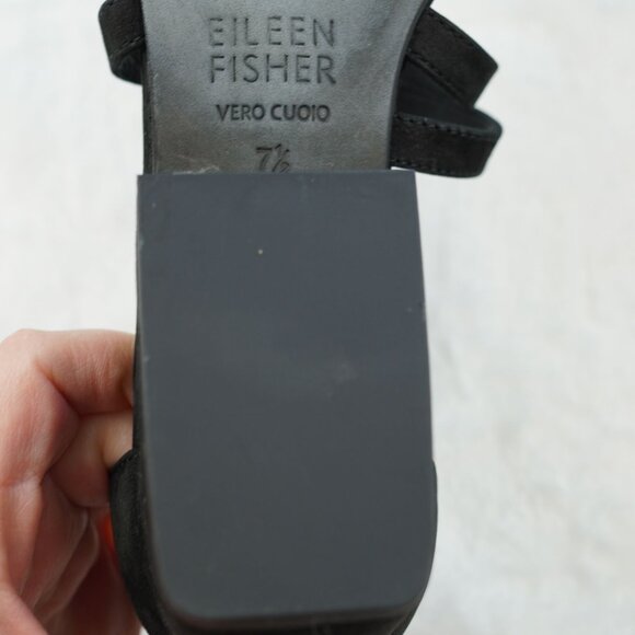 Eileen Fisher Kyra Black Suede Strappy Sandals 7.5 Leather Sole Block Heel Zip - Picture 8 of 11